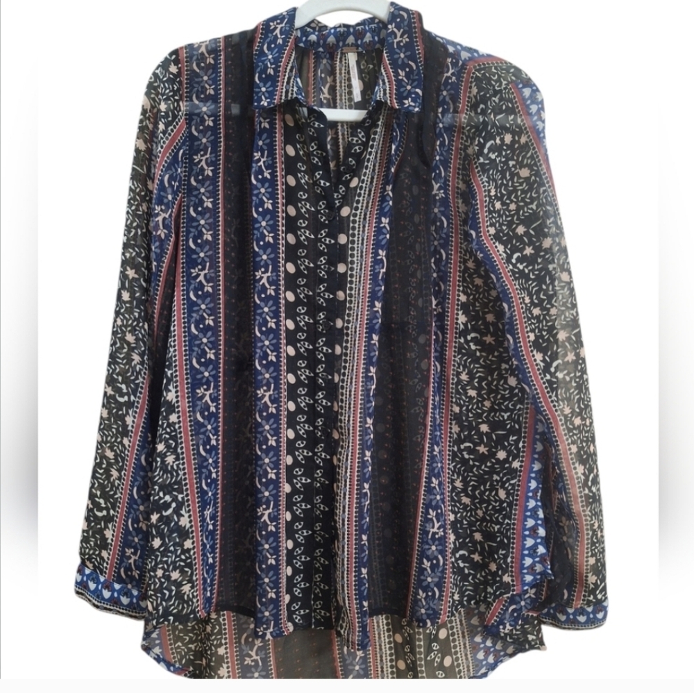 Free People Sheer Patchwork Print Button Down Blo… - image 7